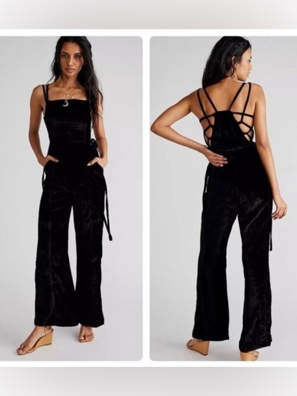 NWT Free People Black Velvet Wide Leg Strappy Jumpsuit